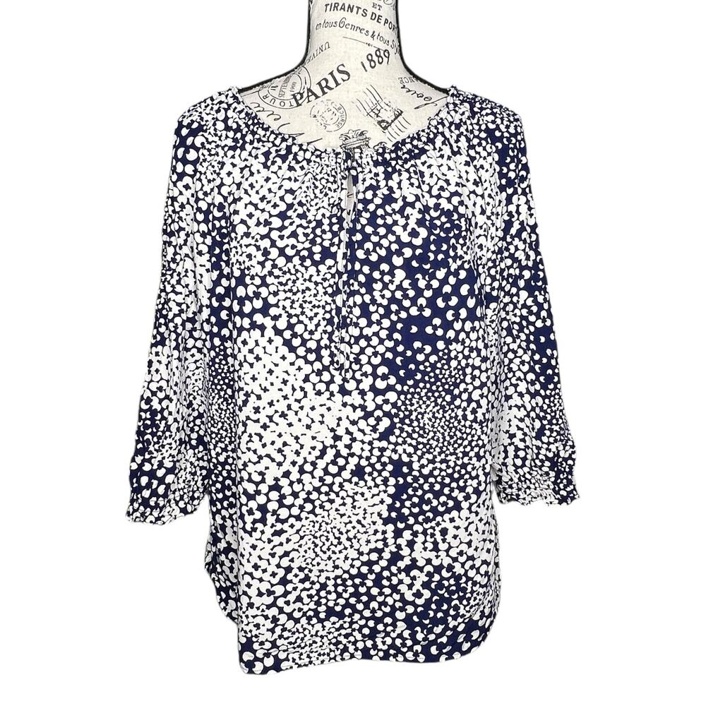 Talbots (S) Split Neck Keyhole Tie Elastic Collar Cuff 3/4 Sleeve Blouse